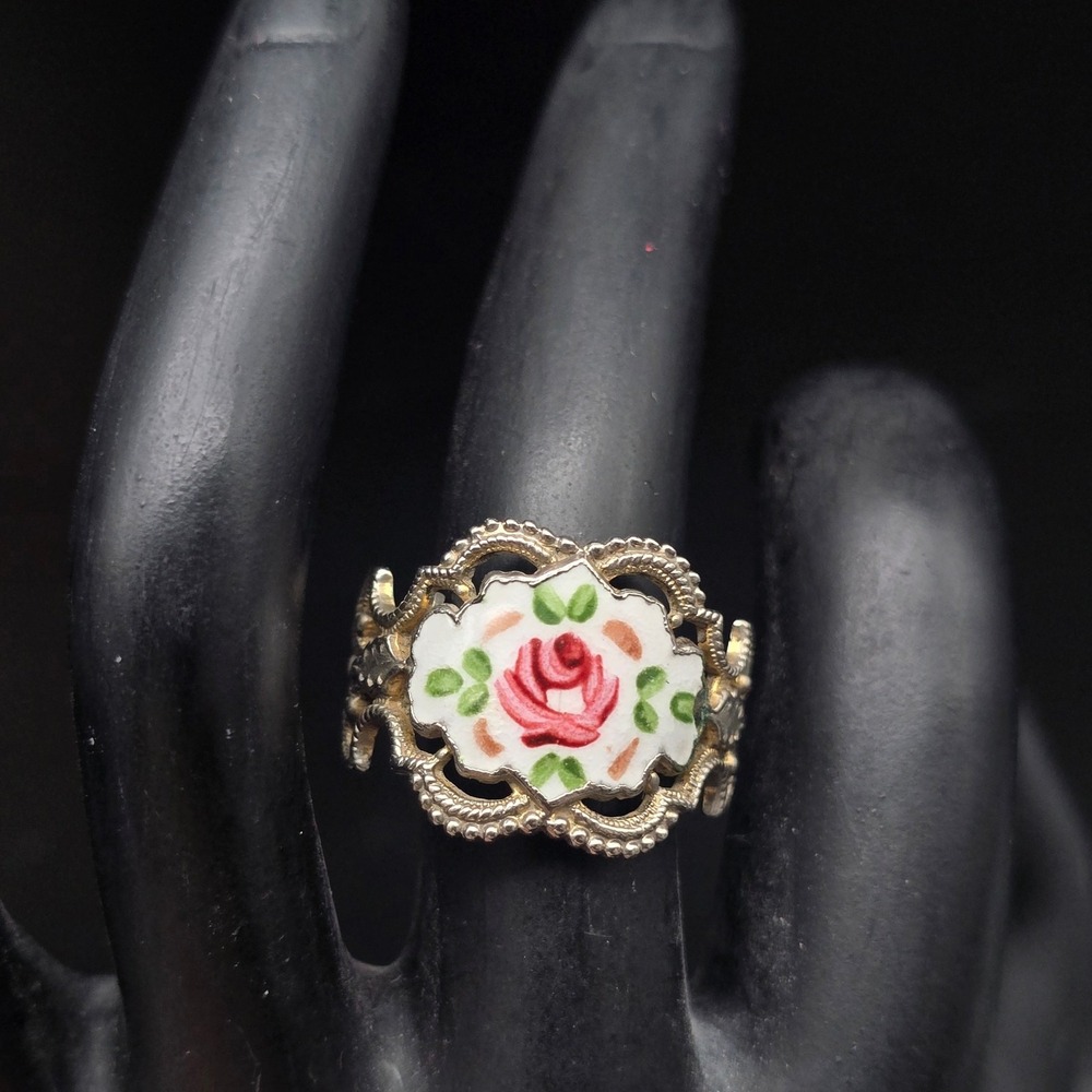 Vintage Pink Enamel Rose Flower Ring Size 6.5